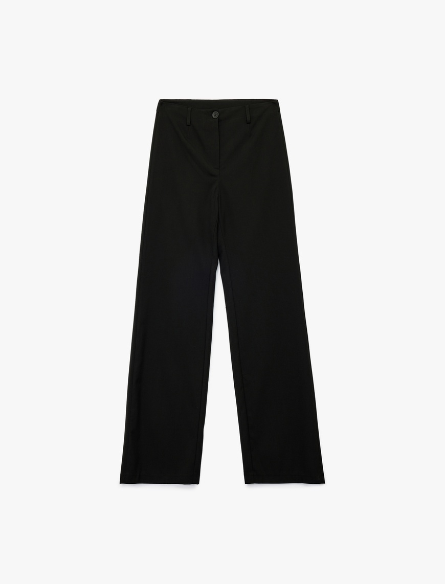   Düğmeli Cepli Straight Fit Düz Bol Paça Kumaş Pantolon