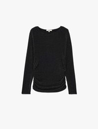 Slim Fit Uzun Kollu Yuvarlak Kayık Yaka Simli Tişört