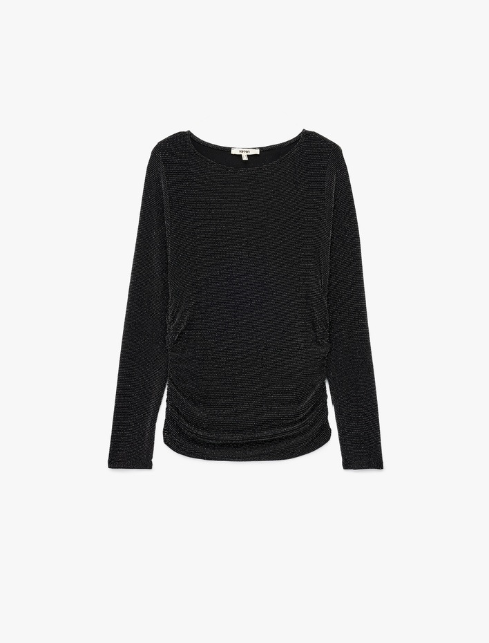  Slim Fit Uzun Kollu Yuvarlak Kayık Yaka Simli Tişört