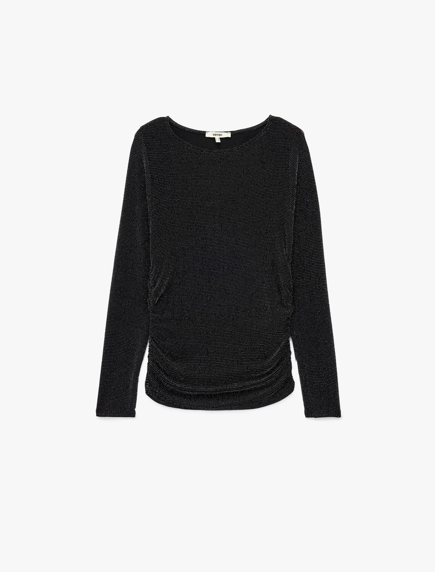   Slim Fit Uzun Kollu Yuvarlak Kayık Yaka Simli Tişört