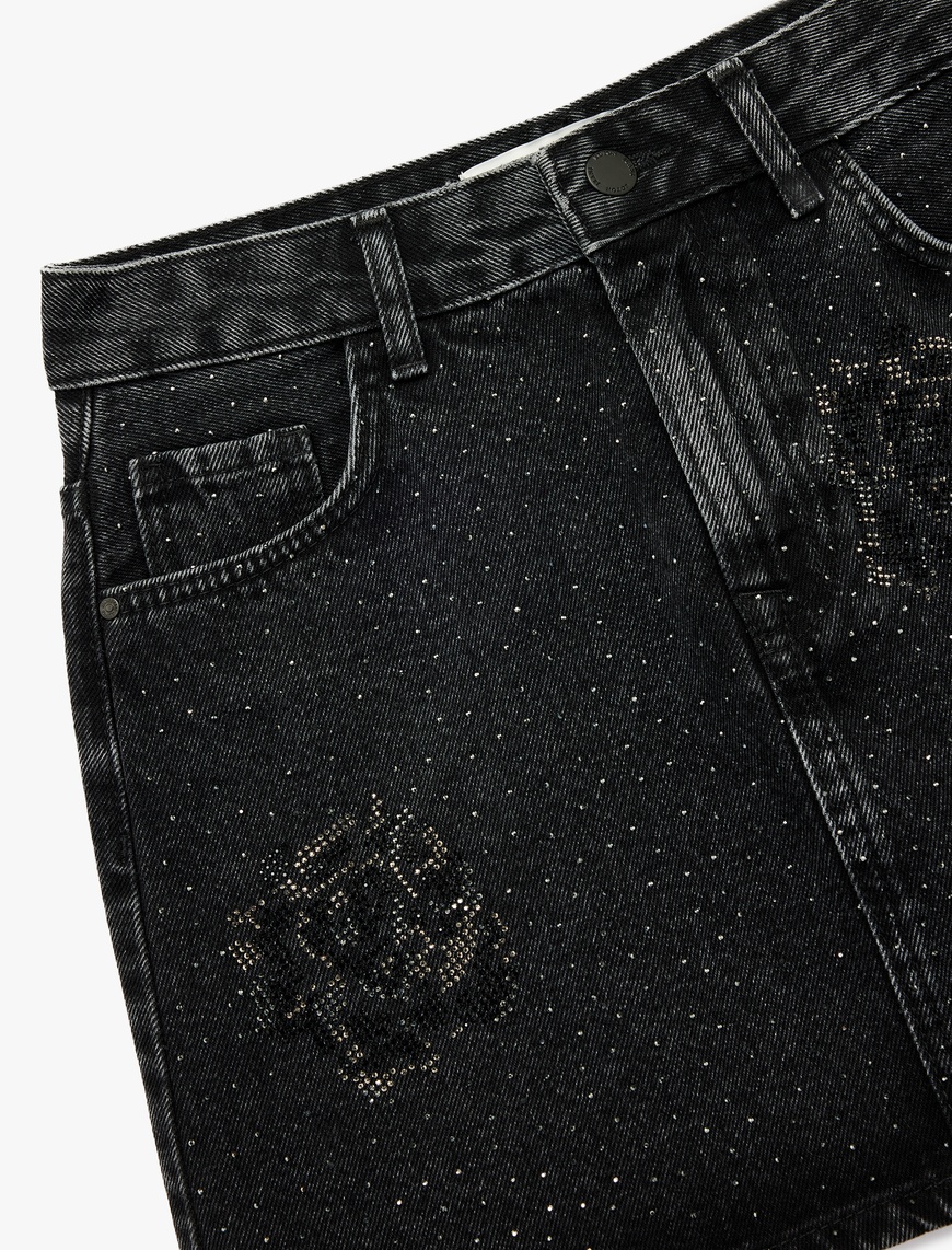   Taş Detaylı Cepli Pamuklu Mini Denim Etek