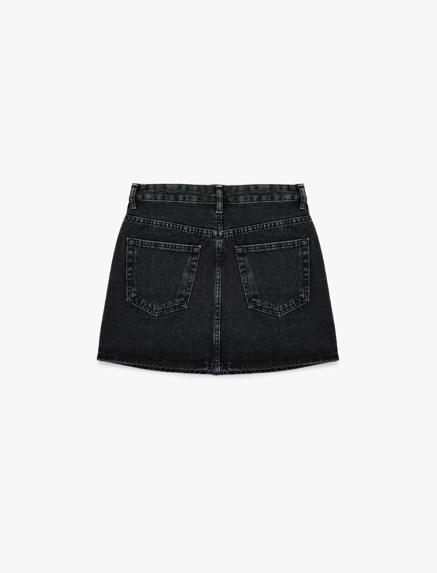   Taş Detaylı Cepli Pamuklu Mini Denim Etek