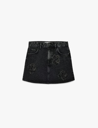 Taş Detaylı Cepli Pamuklu Mini Denim Etek