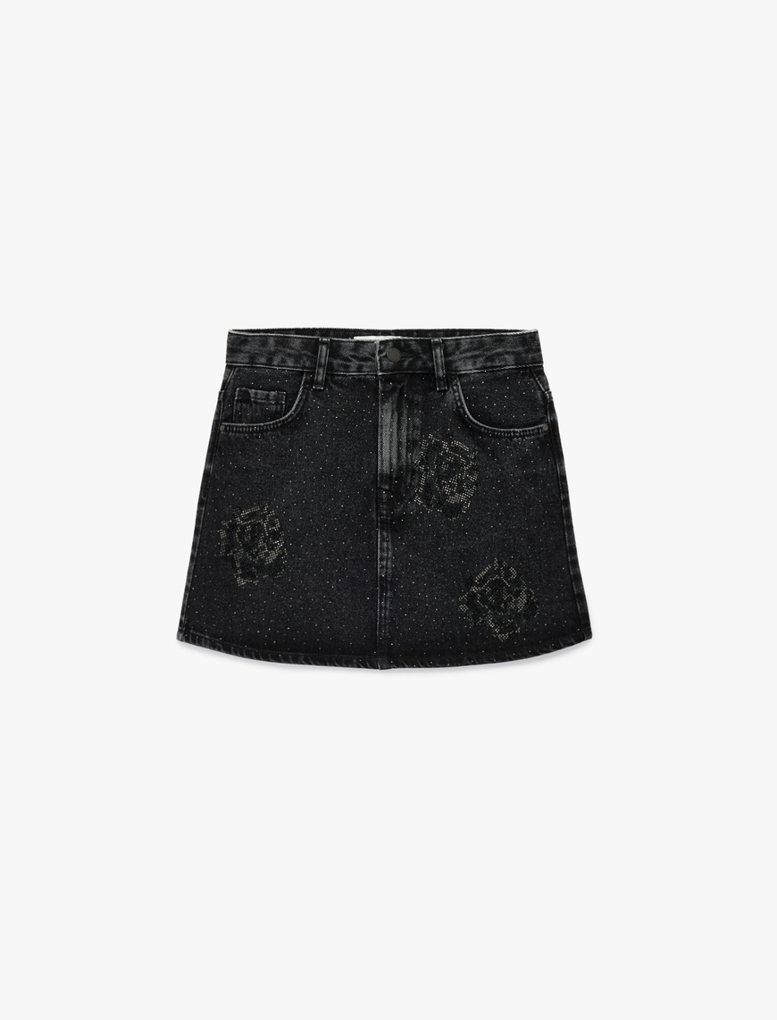   Taş Detaylı Cepli Pamuklu Mini Denim Etek