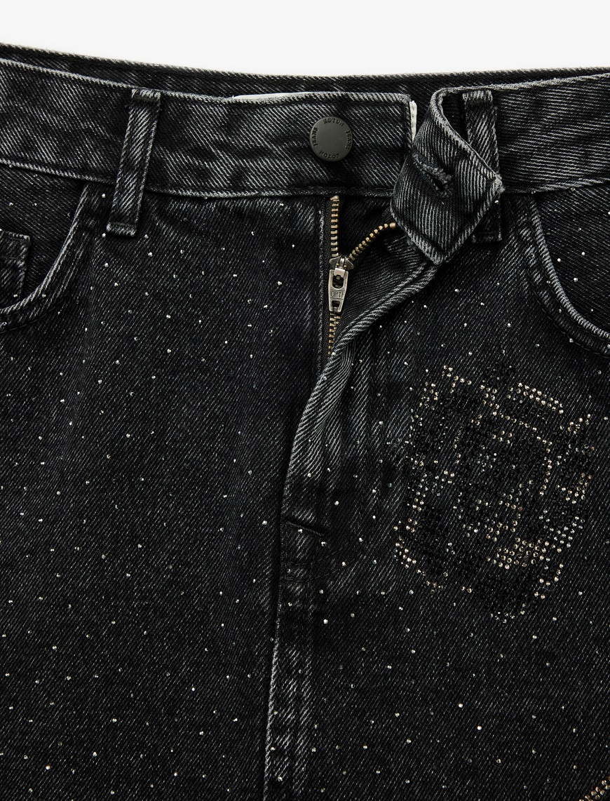   Taş Detaylı Cepli Pamuklu Mini Denim Etek