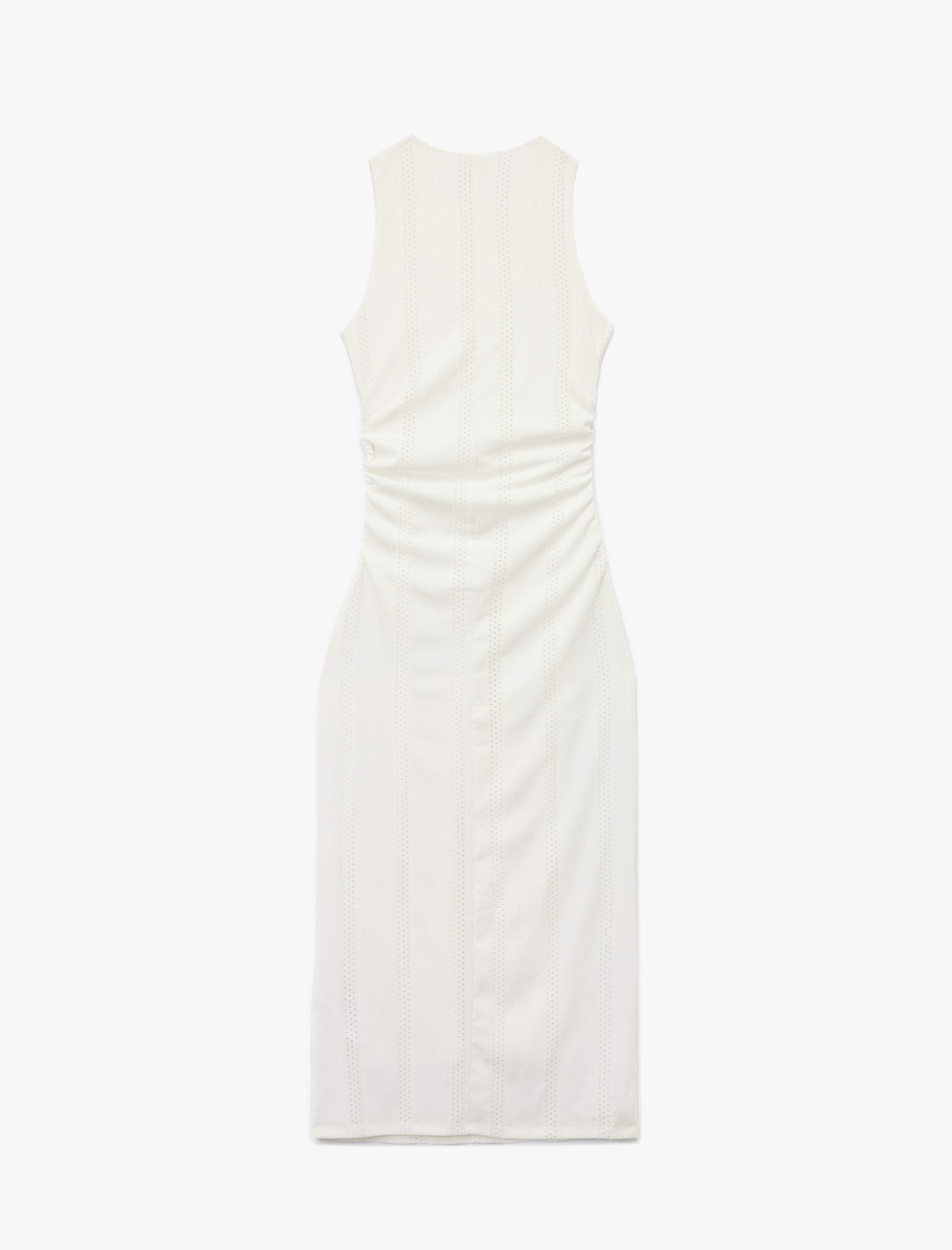   Kolsuz Slim Fit Bisiklet Yaka Çizgili Midi Büzgülü Elbise