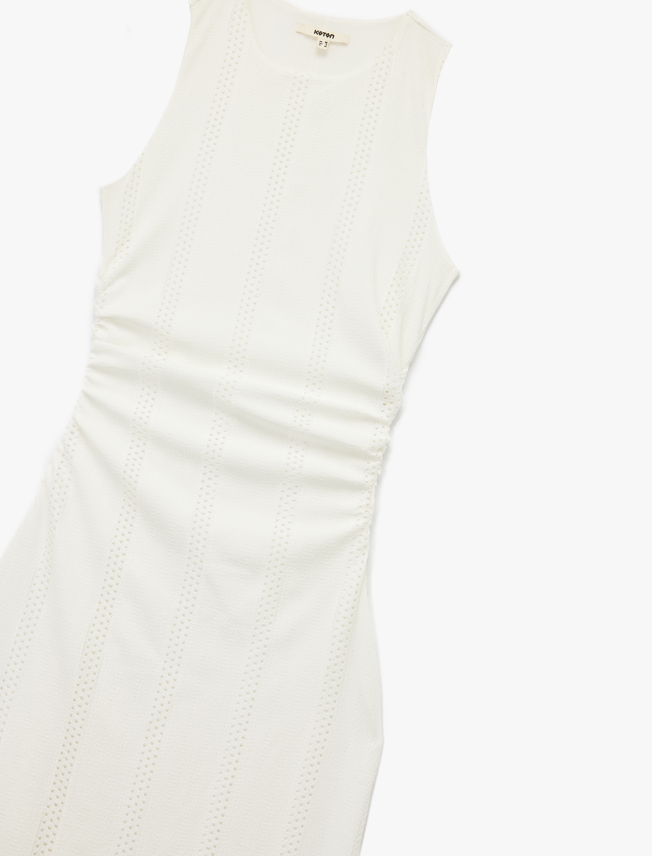   Kolsuz Slim Fit Bisiklet Yaka Çizgili Midi Büzgülü Elbise