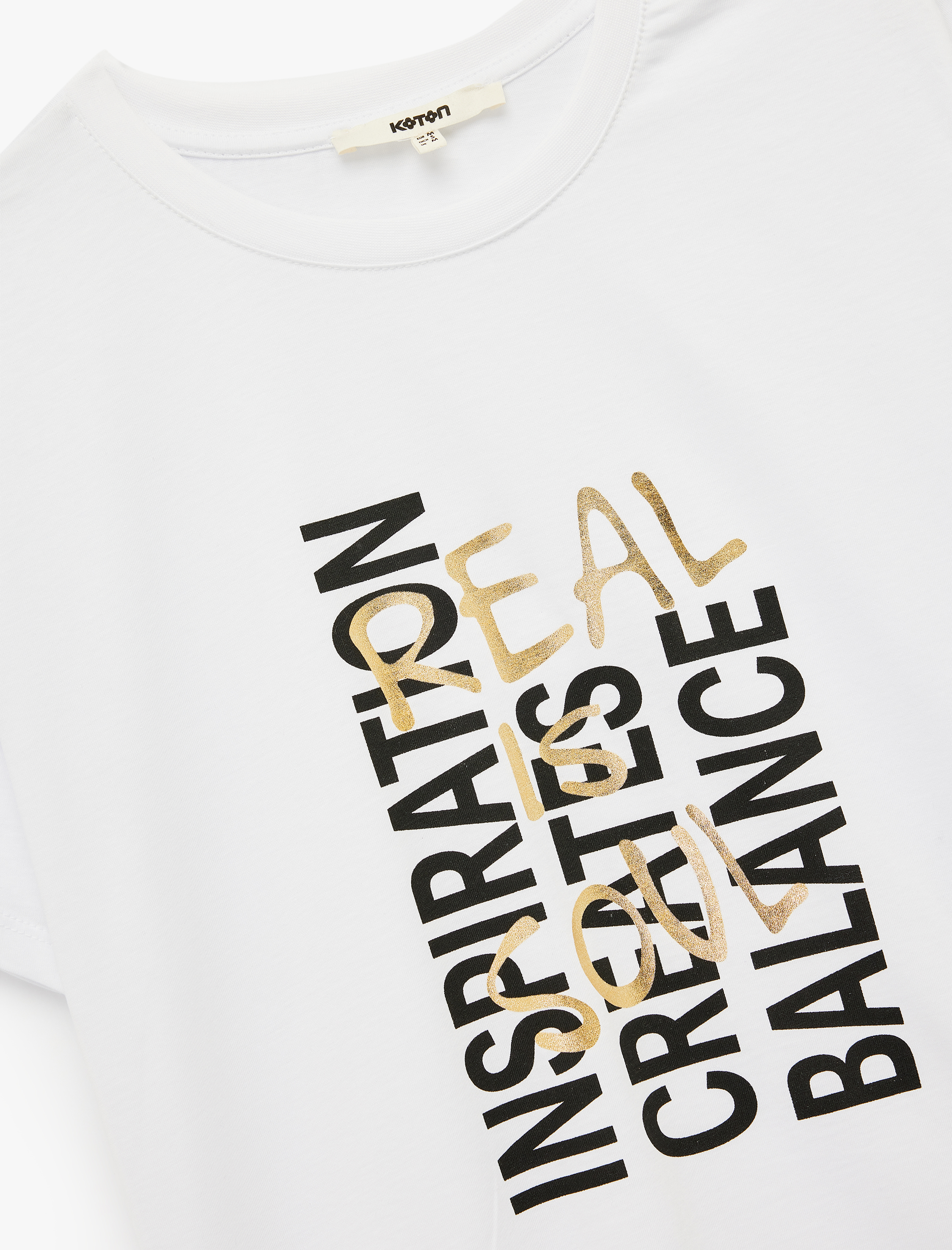   Pamuklu Kısa Kollu Bisiklet Yaka Metalik Baskılı Tişört