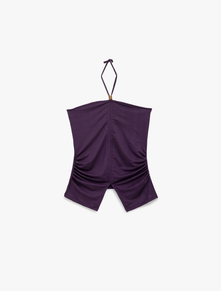  Slim Fit Aksesuar Detaylı Boyundan Bağlamalı Drapeli Straplez Bluz