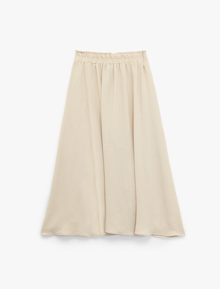  Aerobin Kumaş Beli Lastikli Yırtmaç Detaylı Midi Kloş Etek