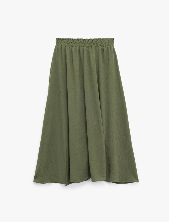  Aerobin Kumaş Beli Lastikli Yırtmaç Detaylı Midi Kloş Etek