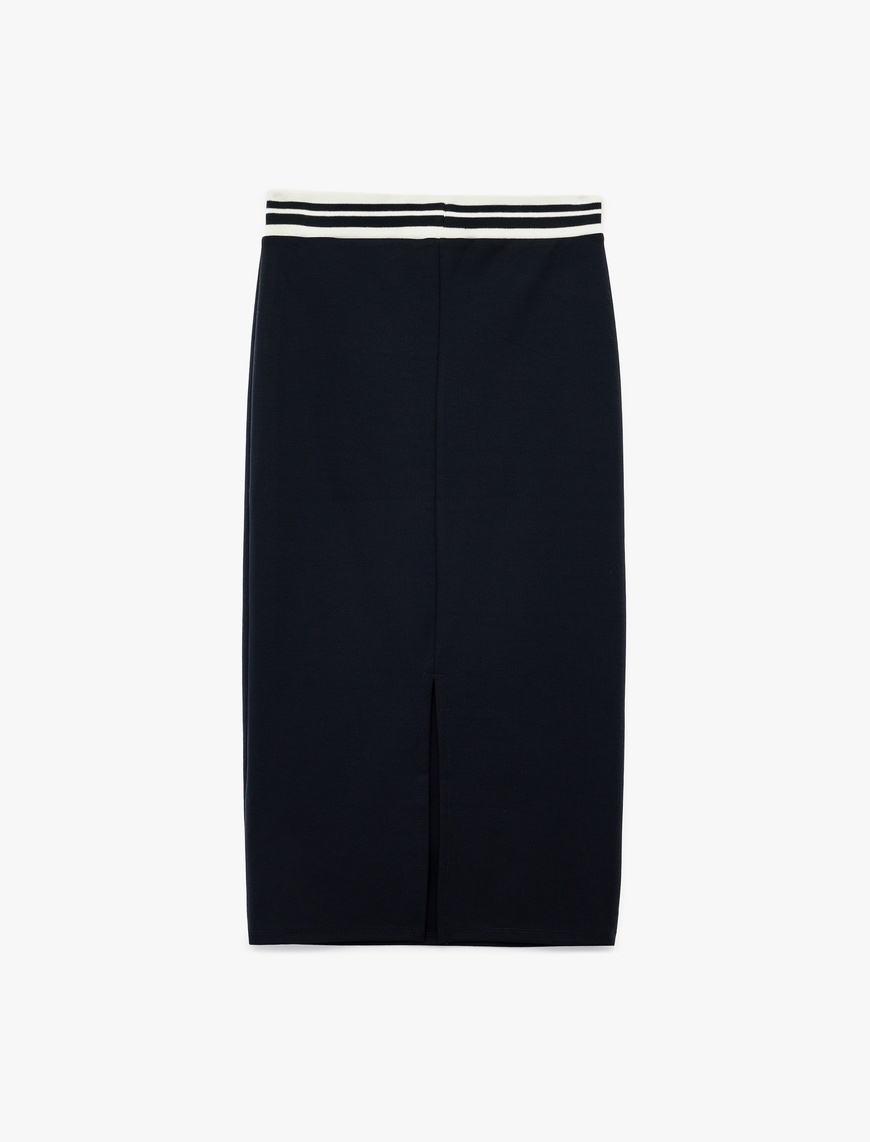   Beli Çizgili Lastik Detaylı Midi Slim Fit Kalem Etek