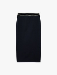 Beli Çizgili Lastik Detaylı Midi Slim Fit Kalem Etek