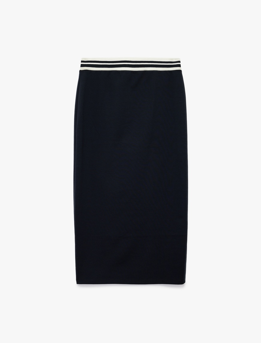   Beli Çizgili Lastik Detaylı Midi Slim Fit Kalem Etek