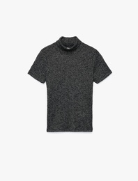 Slim Fit Kaşkorse Simli Balıkçı Yaka Kısa Kollu Tişört