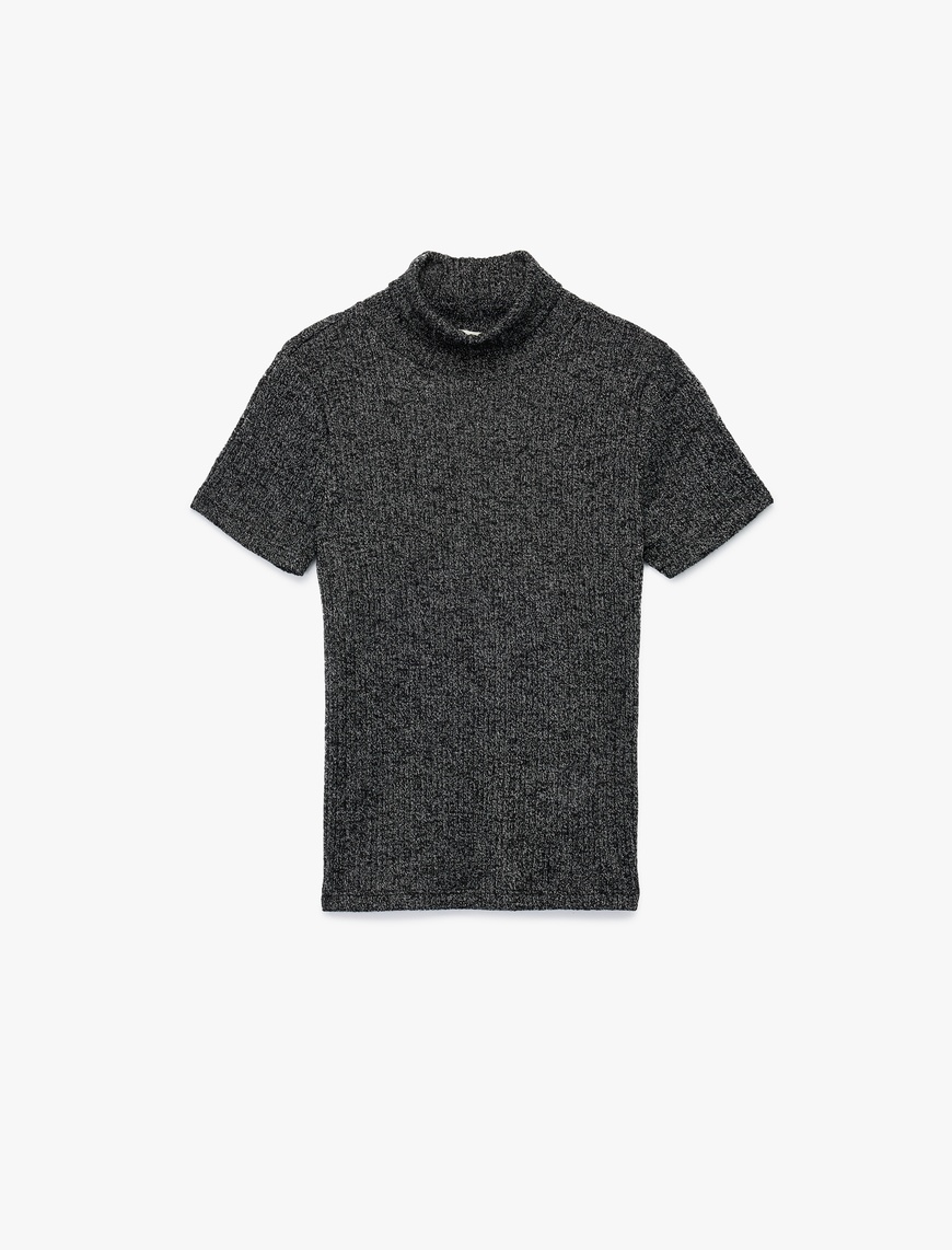   Slim Fit Kaşkorse Simli Balıkçı Yaka Kısa Kollu Tişört