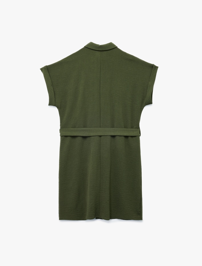  Gömlek Yaka Kemer Detaylı Düğmeli Oversize Kısa Kollu Elbise