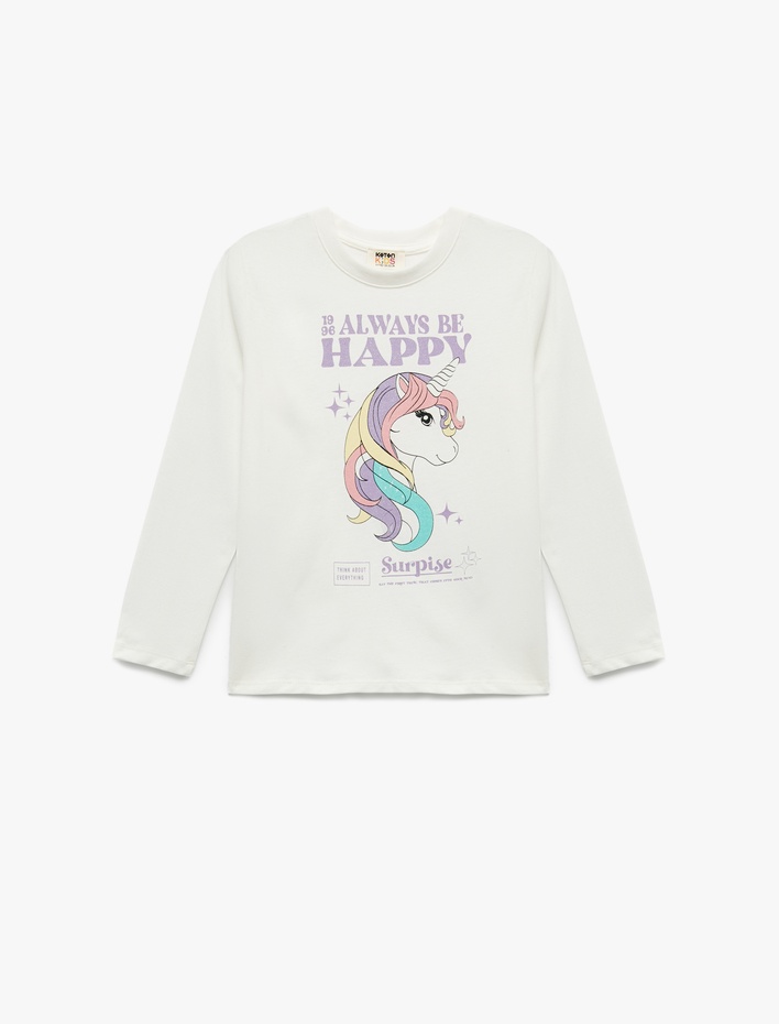 Kız Çocuk Pamuklu Uzun Kollu Bisiklet Yaka Unicorn Baskılı Tişört