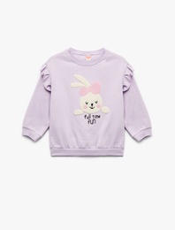 Şardonlu Uzun Kollu Bisiklet Yaka Tavşan Aplikeli Pamuklu Sweatshirt