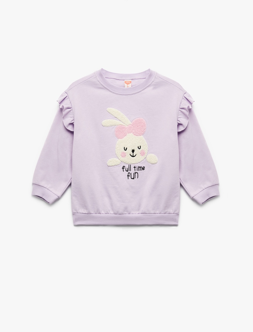  Kız Bebek Şardonlu Uzun Kollu Bisiklet Yaka Tavşan Aplikeli Pamuklu Sweatshirt