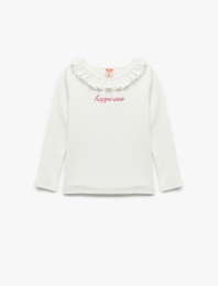 Pamuklu Uzun Kollu Bisiklet Yaka Nakışlı Tişört