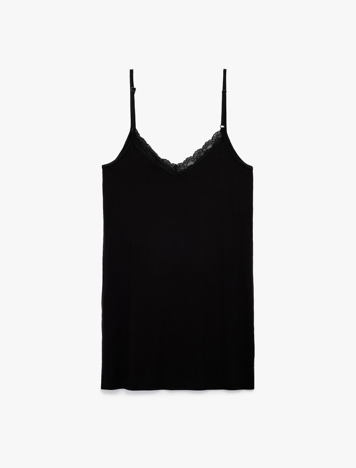  Viskon Kumaş Dantel Detaylı V Yaka İnce Askılı Gecelik