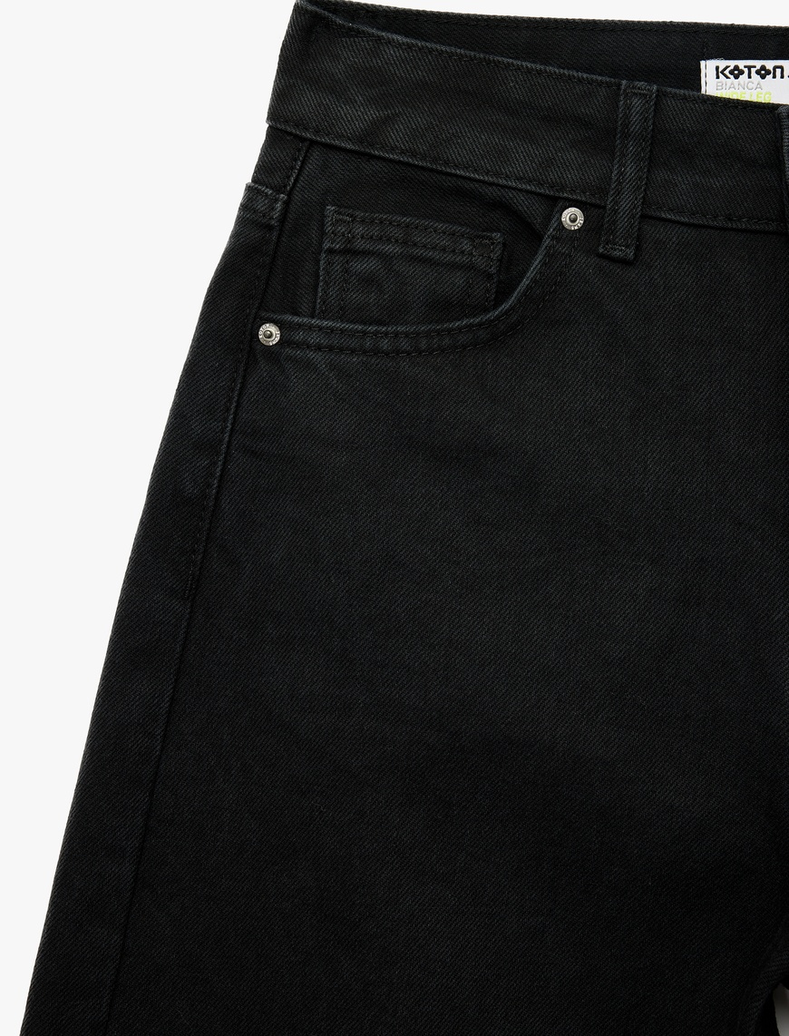   Yüksek Bel Pamuklu Düğmeli Geniş Paça Jean Pantolon -  Wide Leg Jeans