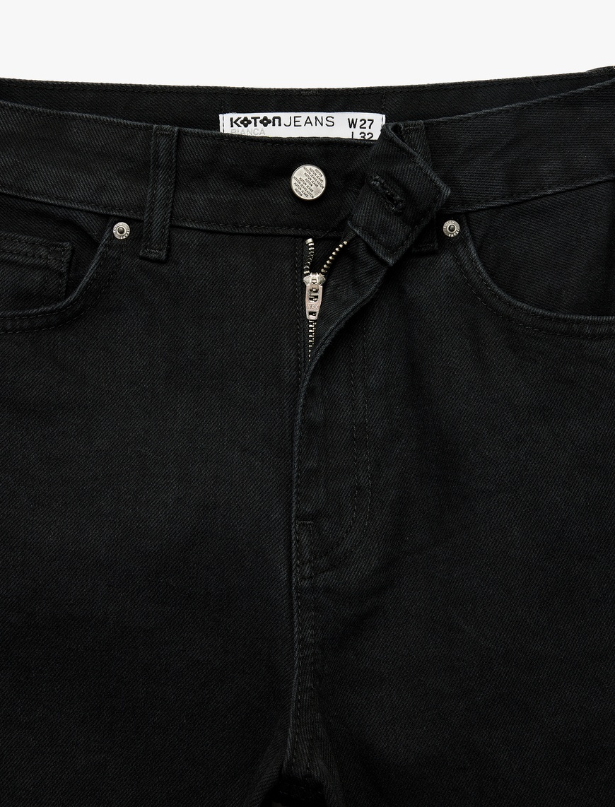   Yüksek Bel Pamuklu Düğmeli Geniş Paça Jean Pantolon -  Wide Leg Jeans