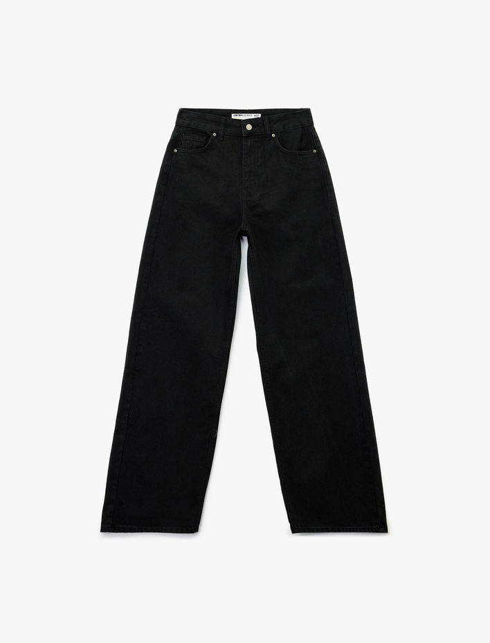  Yüksek Bel Pamuklu Düğmeli Geniş Paça Jean Pantolon -  Wide Leg Jeans