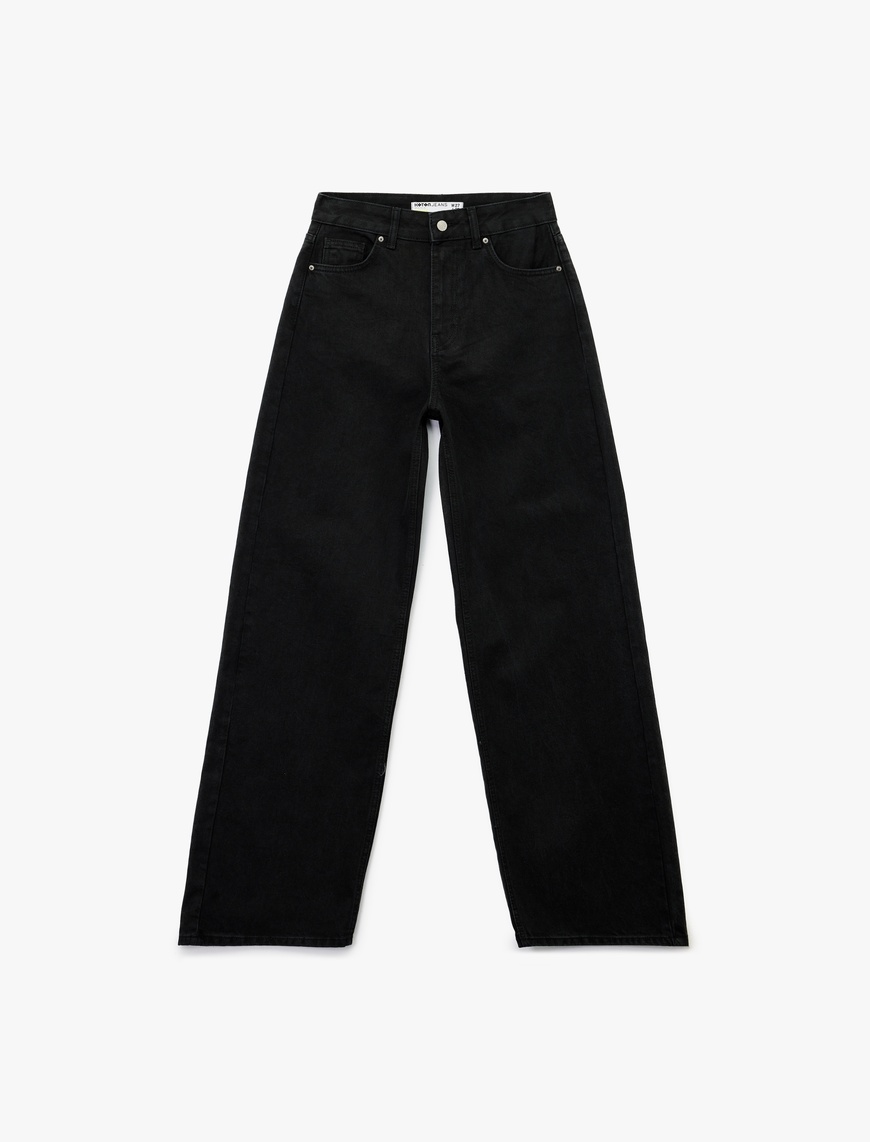   Yüksek Bel Pamuklu Düğmeli Geniş Paça Jean Pantolon -  Wide Leg Jeans