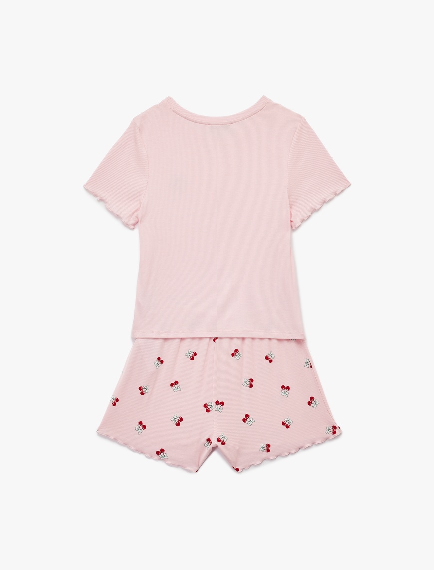   Kaşkorse Viskon Kumaş Kısa Kollu Bisiklet Yaka Kiraz Desenli Şortlu Pijama Takımı