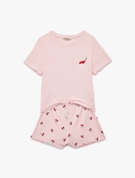 Kaşkorse Viskon Kumaş Kısa Kollu Bisiklet Yaka Kiraz Desenli Şortlu Pijama Takımı