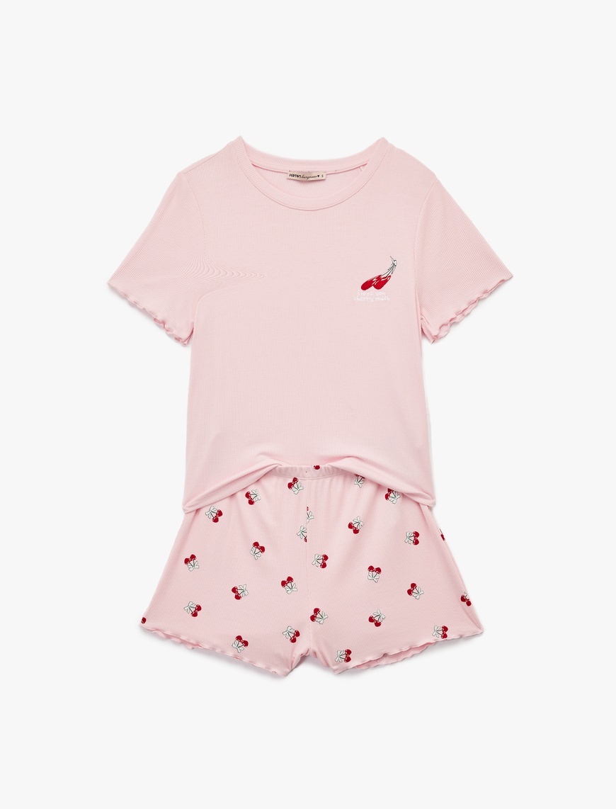   Kaşkorse Viskon Kumaş Kısa Kollu Bisiklet Yaka Kiraz Desenli Şortlu Pijama Takımı