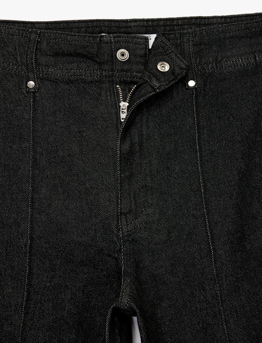   Yüksek Bel Pamuklu Metal Aksesuarlı Nervürlü Kısa Jean Pantolon - Culotte Jeans