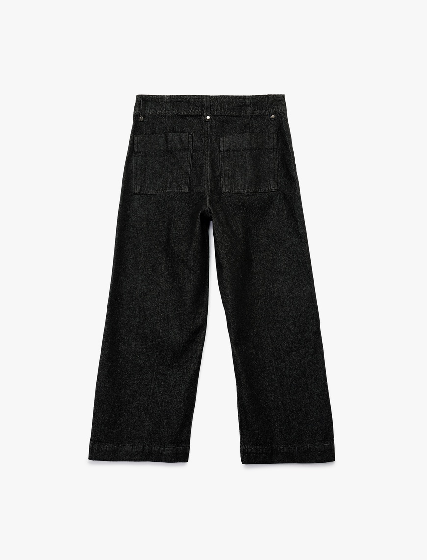   Yüksek Bel Pamuklu Metal Aksesuarlı Nervürlü Kısa Jean Pantolon - Culotte Jeans