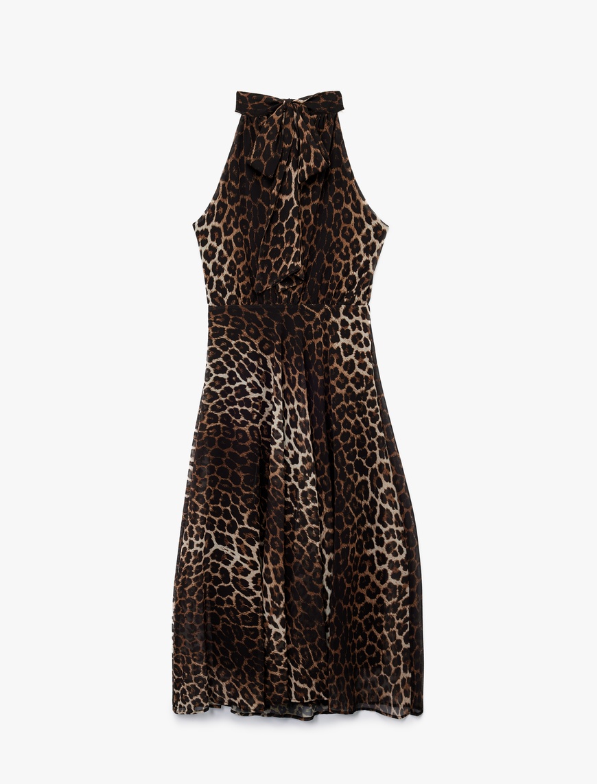   Krep Kumaş Kolsuz Halter Yaka Midi Boy Leopar Desenli Elbise