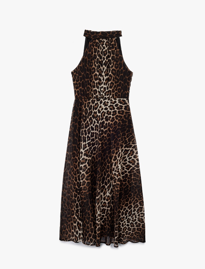  Krep Kumaş Kolsuz Halter Yaka Midi Boy Leopar Desenli Elbise