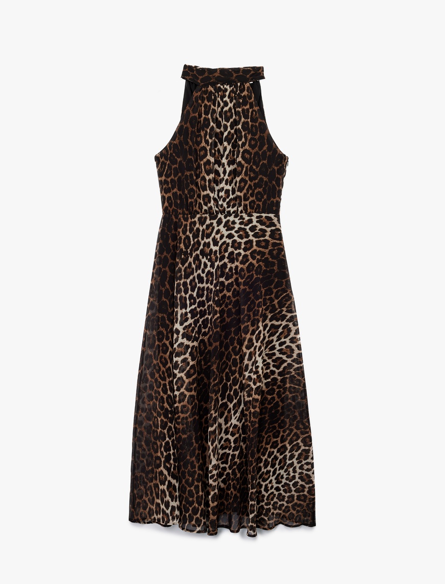   Krep Kumaş Kolsuz Halter Yaka Midi Boy Leopar Desenli Elbise