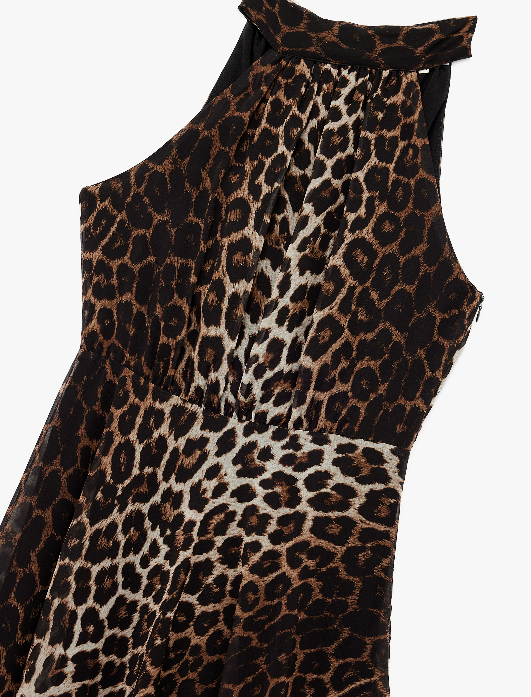   Krep Kumaş Kolsuz Halter Yaka Midi Boy Leopar Desenli Elbise