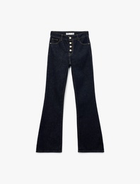 Yüksek Bel Düğme Detaylı Cepli Dar Kesim İspanyol Paça Jean Pantolon - Flare Jeans