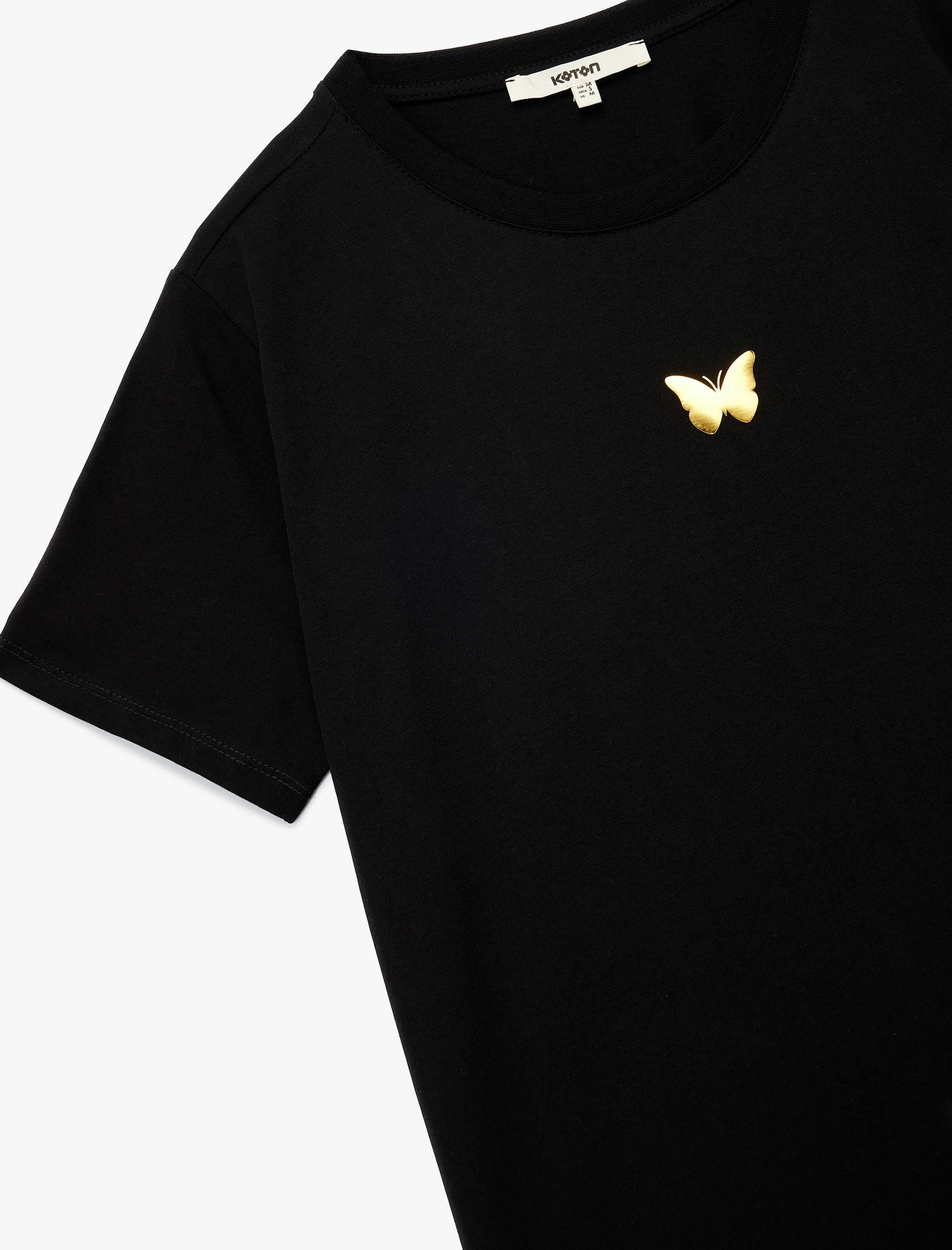   Pamuklu Kısa Kollu Bisiklet Yaka Parlak Kelebek Baskı Detaylı Tişört