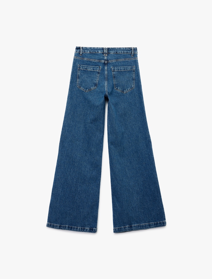   Rahat Kalıp Cep Detaylı Nervürlü Geniş Paça Jean Pantolon -  Wide Leg Jeans