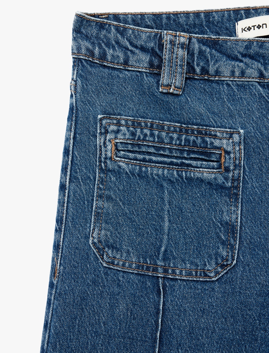   Rahat Kalıp Cep Detaylı Nervürlü Geniş Paça Jean Pantolon -  Wide Leg Jeans