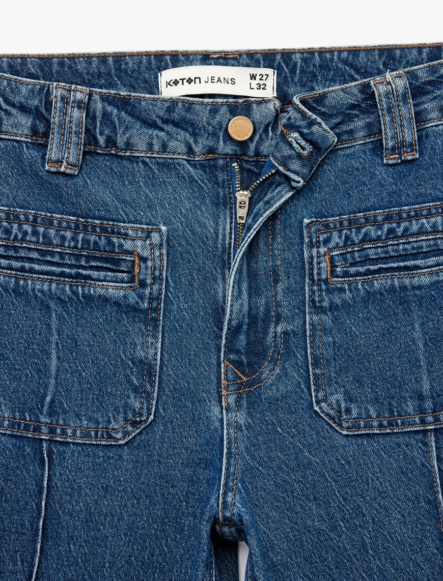   Rahat Kalıp Cep Detaylı Nervürlü Geniş Paça Jean Pantolon -  Wide Leg Jeans