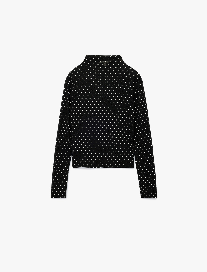  Slim Fit Uzun Kollu Dik Yaka Puantiyeli Tişört