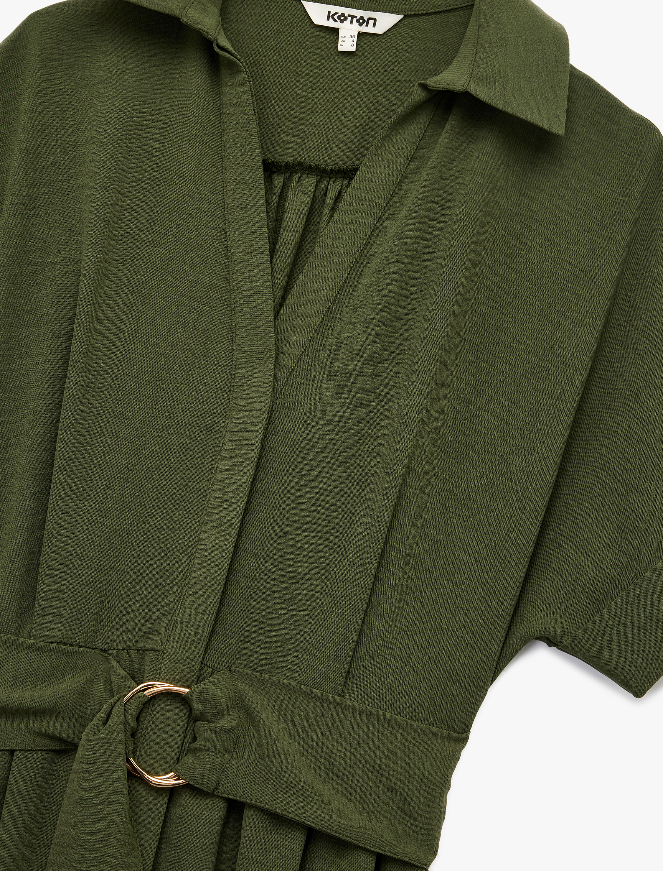   Aerobin Kumaş Kısa Kollu Kemerli Midi Boy Gömlek Elbise