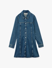 Pamuklu Uzun Kollu Klasik Yaka Düğmeli Volanlı Mini Denim Elbise