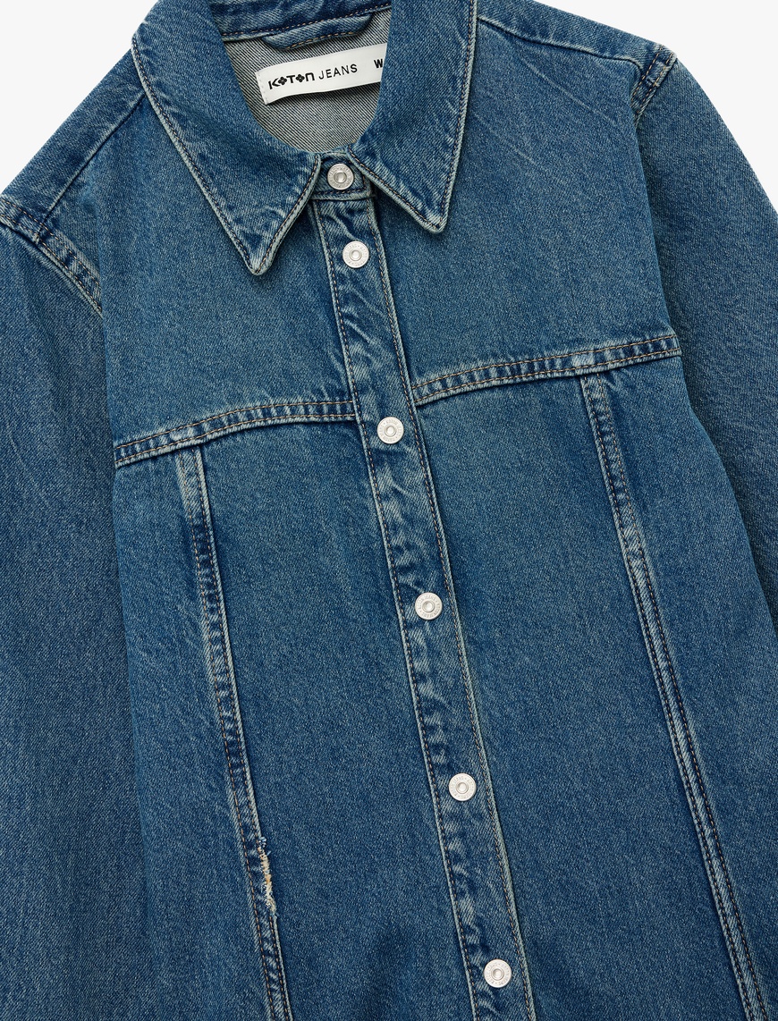   Pamuklu Uzun Kollu Klasik Yaka Düğmeli Volanlı Mini Denim Elbise