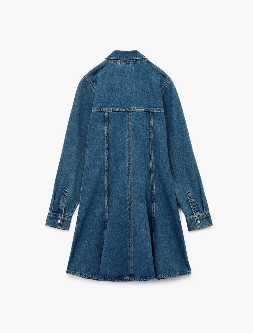   Pamuklu Uzun Kollu Klasik Yaka Düğmeli Volanlı Mini Denim Elbise