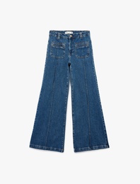 Rahat Kalıp Cep Detaylı Nervürlü Geniş Paça Jean Pantolon -  Wide Leg Jeans